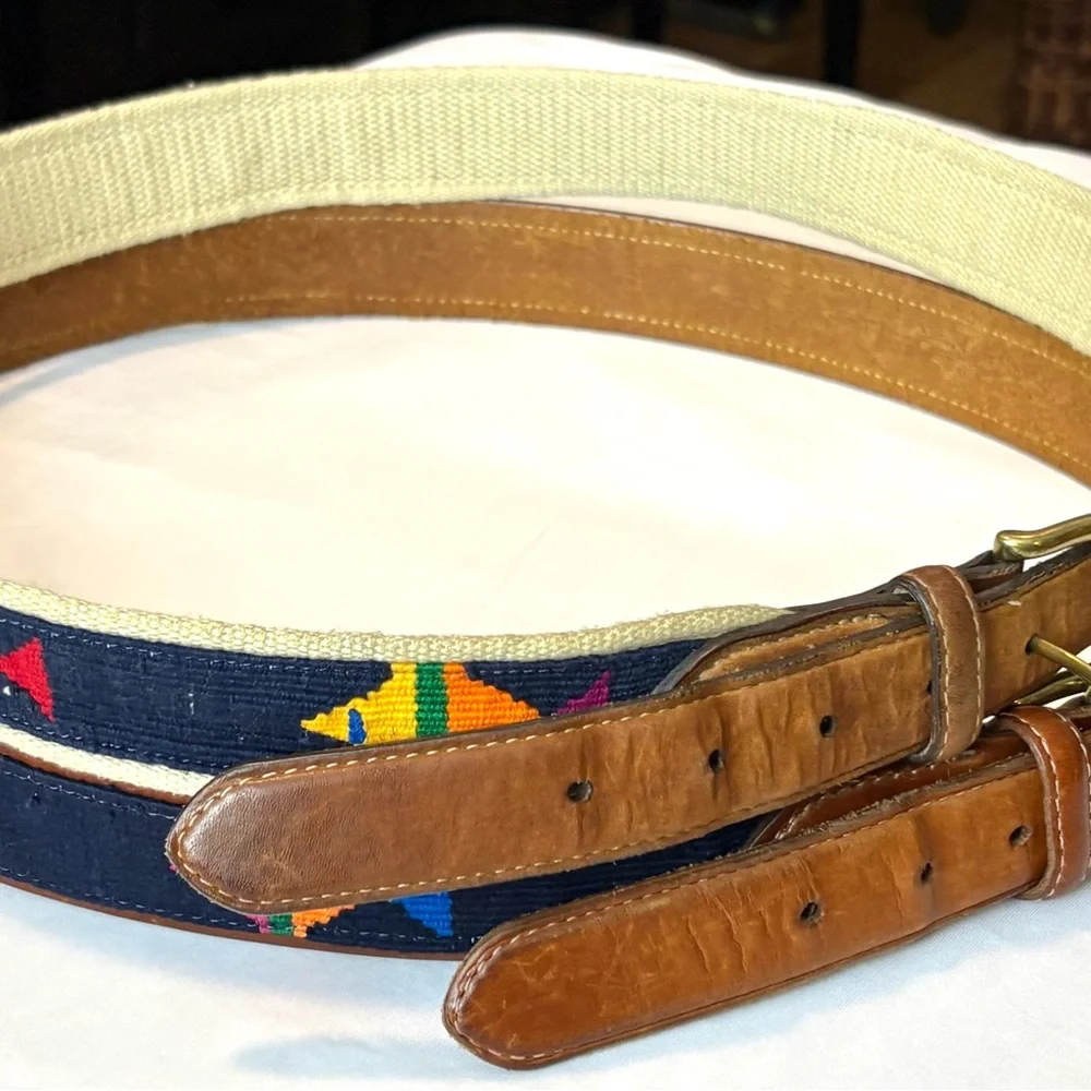 Orvis Brown Leather & Navy Embroidered Fish Belts BUNDLE OF 2 TOTAL